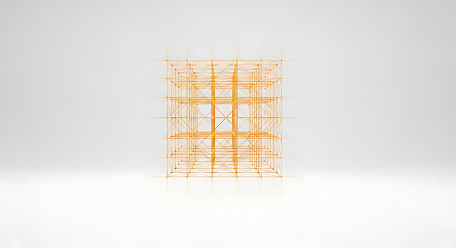 Abstract Golden 3D Cartesian Lattice Cube and Geometric Grid Structure on White Background Representing HighTech Data Networks Blockchain and Digital Science Systems