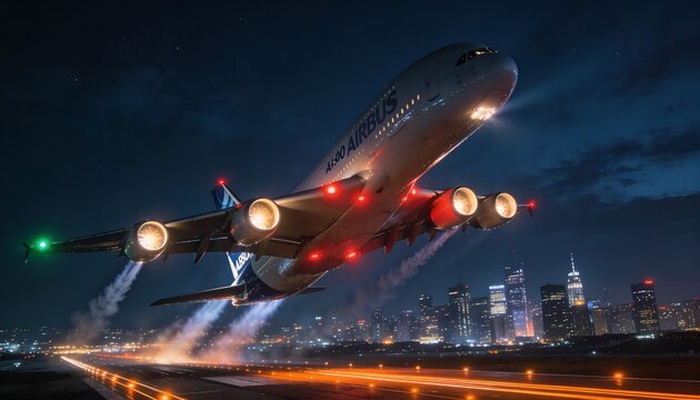Editorial Illustration: An Airbus A380 Taking Off at Night with a City Skyline and Runway Light Trails