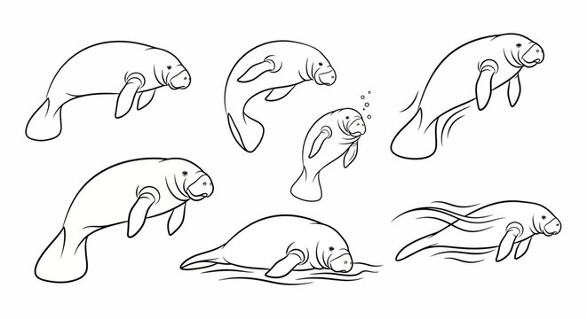 Manatee character set, diverse swimming poses in line art illustration
