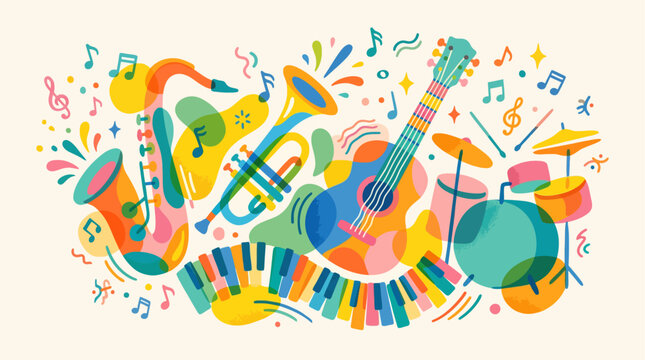 Playful abstract illustration of overlapping jazz instruments including saxophone, trumpet, guitar, and piano keys. Bright colorful shapes with musical notes create a modern artistic music concept