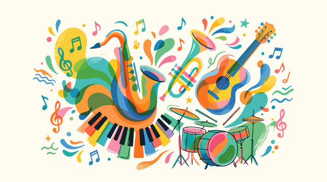 Playful abstract illustration of overlapping jazz instruments including saxophone, trumpet, guitar, and piano keys. Bright colorful shapes with musical notes create a modern artistic music concept