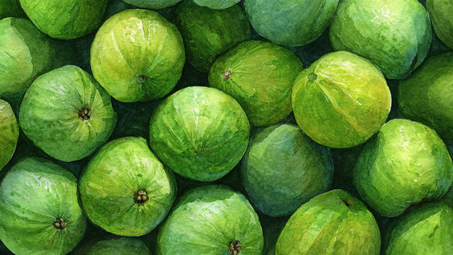 Watercolor illustration of green guava fruits in full frame composition, dense overlapping guavas with soft green tones and subtle natural texture, ideal for tropical food background.