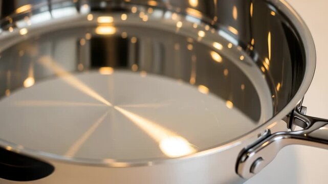 Clean empty stainless steel pan reflecting light in a kitchen
