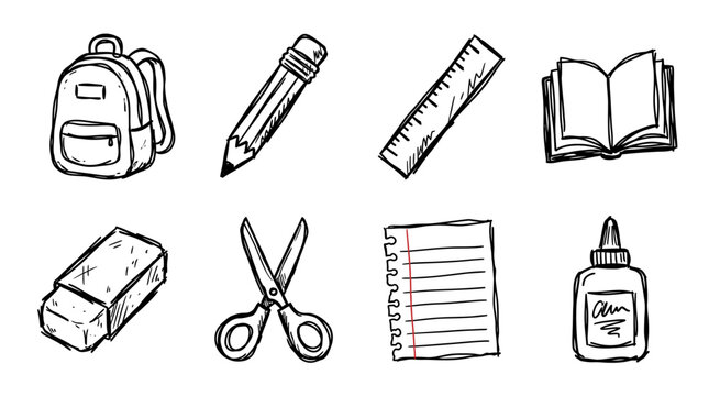 An icon pack of school supplies includes a backpack, pencil, ruler, book, eraser, scissors, notebook, and glue.