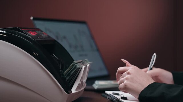 Female accountant with long nails operates a currency counting machine while reviewing financial data on a laptop and taking notes on a clipboard at a desk