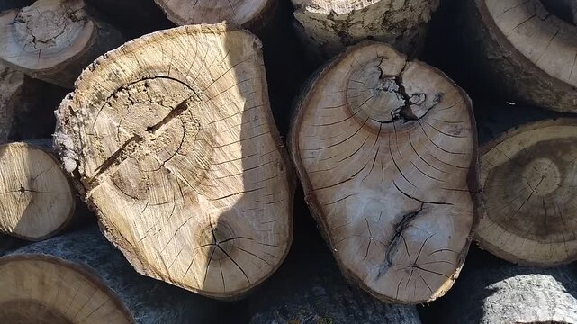 Close-up of stacked tree logs with detailed annual rings and weathered wood texture