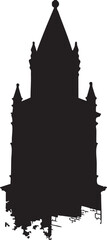 Fototapeta premium A detailed vintage silhouette of a classic historical gothic building featuring a sharp pointed tower and weathered grunge textures for antique architectural graphic design projects
