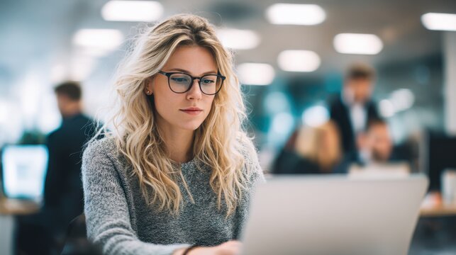 Young woman works on her laptop in a bright office while colleagues collaborate in the background