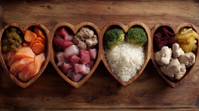 Heart-shaped bowls filled with variety of fresh raw pet food
