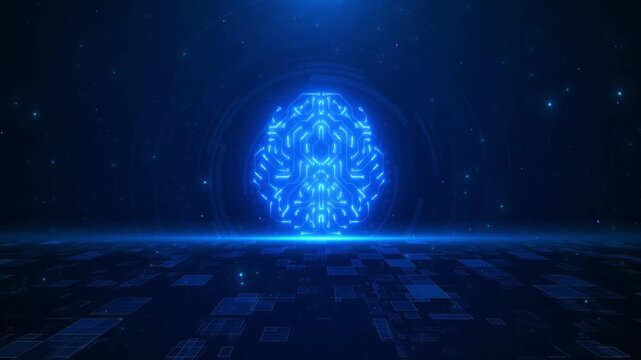 Blue AI brain circuit background glowing neural paths, digital floor, particles, futuristic tech atmosphere. artificial intelligence videos, machine learning intros, cyber security, software promos.