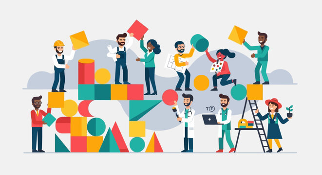 People Building with Blocks Together.