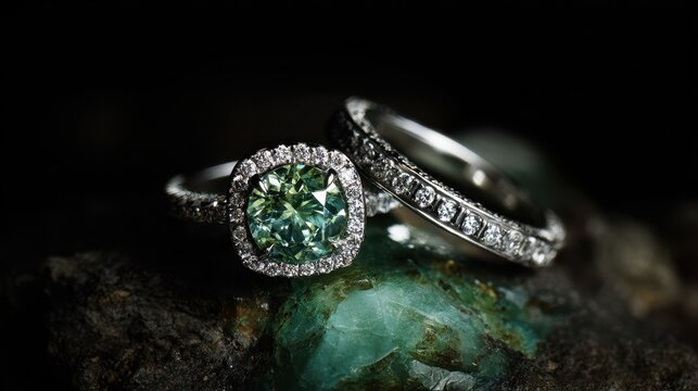 Two luxury diamond rings with green gemstone on raw emerald background