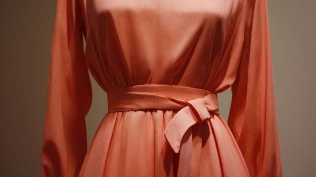 Close-up of a pink long-sleeved dress with a tied sash on a mannequin