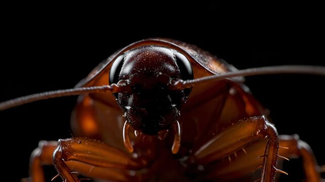 Close-up macro photograph of a cockroach, brown insect, dark background