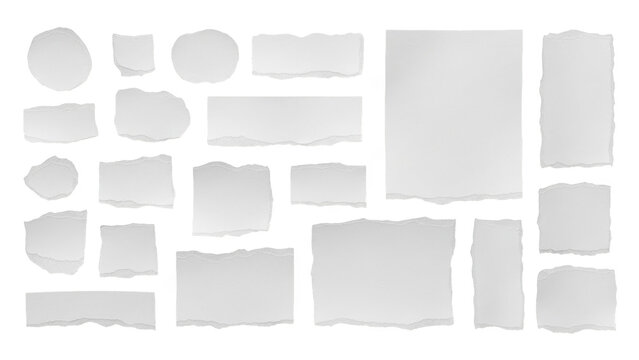 Assortment of torn paper scraps and shapes with rough edges on transparent checkered background.