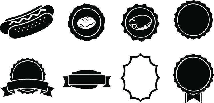 Food and badge vector silhouette illustration set, including hot dog and various frames.