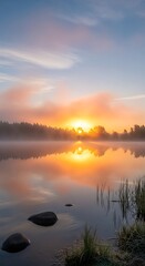 Fototapeta premium Tranquil Dawns Embrace - Golden Sunrise Through Mist on a Mirror-Like Lake.