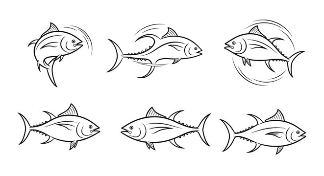 Set of tuna fish illustrations in hand drawn sketch style