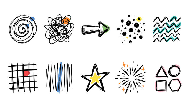 Hand drawn icon pack of various shapes and symbols on a white background for design