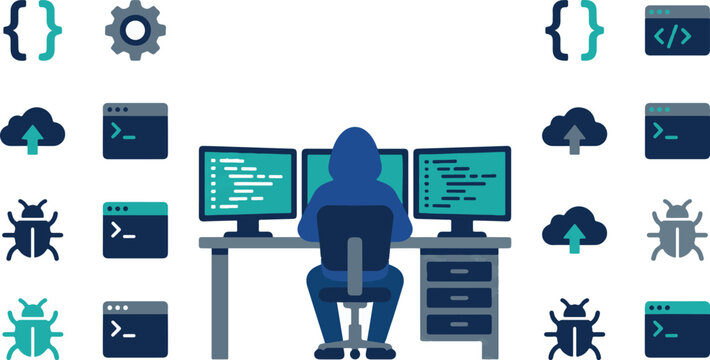 Hacker at computer workstation.