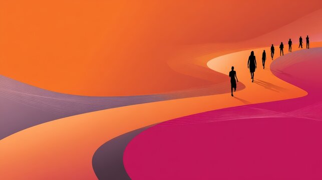 Silhouetted figures walk along a winding path through a colorful abstract landscape.