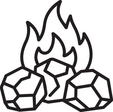 Black outline icon of burning charcoal briquettes with fire