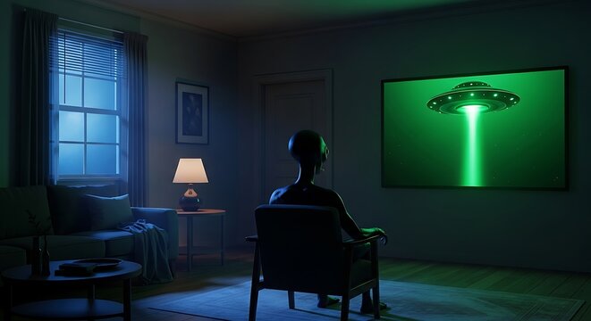 Person sitting in a dark living room watching a ufo on tv screen