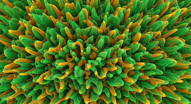 Microscopic scanning electron microscope view of vibrant green and orange organic structures detailed biological texture of cellular membranes and microorganisms
