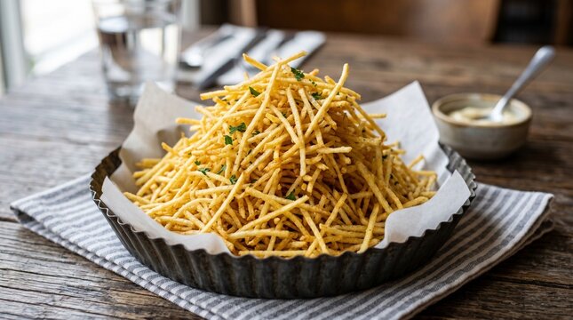 Pile of extra crispy golden potato sticks (batata palha) in a rustic metal tray - snack and side dish concept.