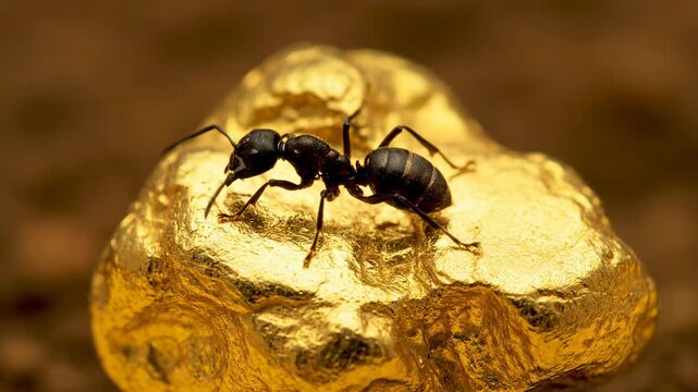 Close-up macro shot of a black insect with segmented body, resting on a bright yellow, textured, possibly metallic rock, with a blurred brown background