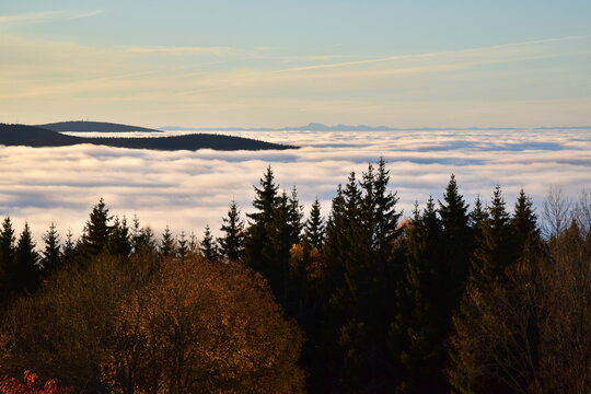 Alpska viewpoint Bucina view of the Alps Sumava autumn. Photo with low clouds taken during inversion weather