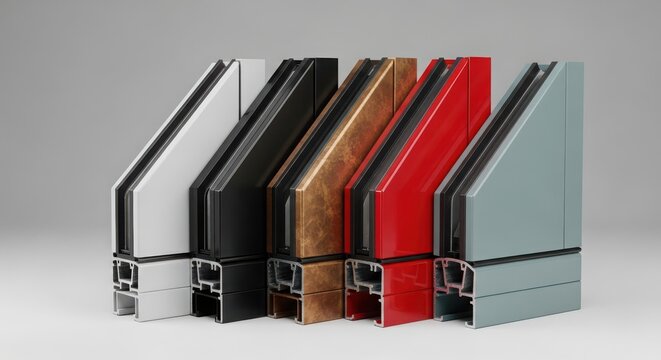 Modern window frame profiles in various colors, PVC and aluminum window cross sections, energy efficient double glazing samples for construction
