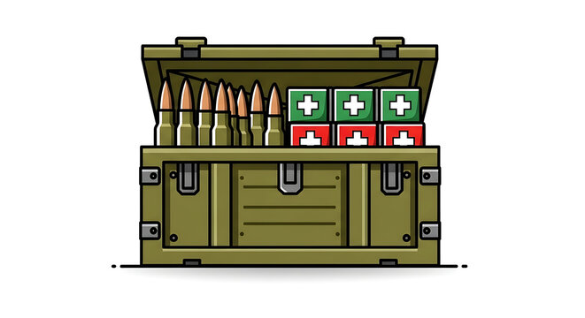 A military ammunition box filled with bullets and medical first aid kits, representing preparedness and combat readiness