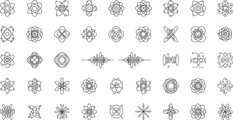 Minimal atomic and wave pattern icon set with abstract orbits signals and scientific structure concepts for modern interface design © MSTSalina