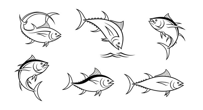 Set of tuna fish illustrations in various dynamic swimming poses