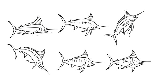 Black and white marlin fish silhouettes, set of vector illustrations