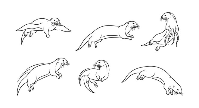 Set of cute otter sketches in various playful poses
