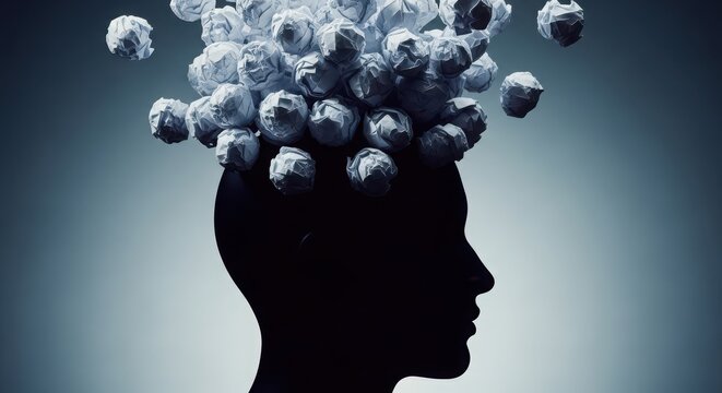 Conceptual silhouette of human head with crumpled paper balls, creative burnout and mental clutter metaphor, psychological stress and brain fog concept