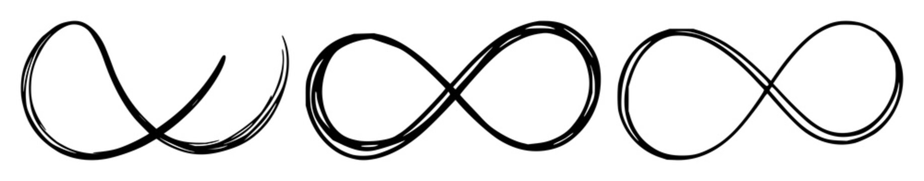Infinity icon set with stylized black line art and white background featuring infinity symbol, line art, illustration with minimalist and graphic design