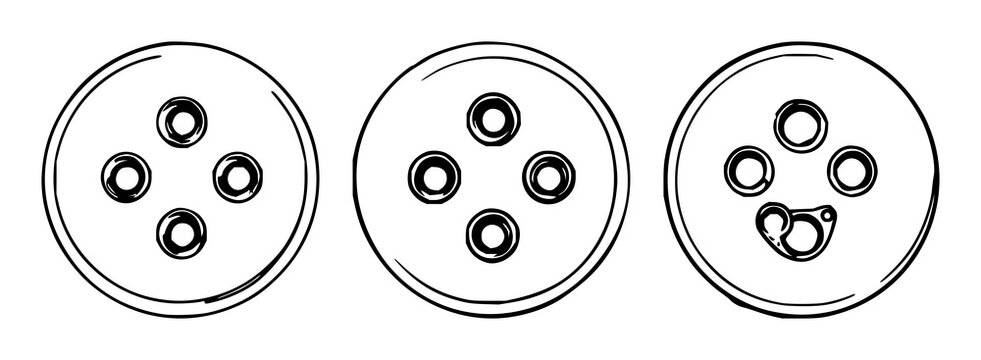 Button set with black line art depicting a circular button with four evenly spaced holes featuring metal fastening, decorative hardware, illustration with minimalist and geometric style