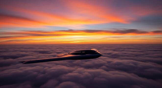 Airplane flying above sunset clouds.