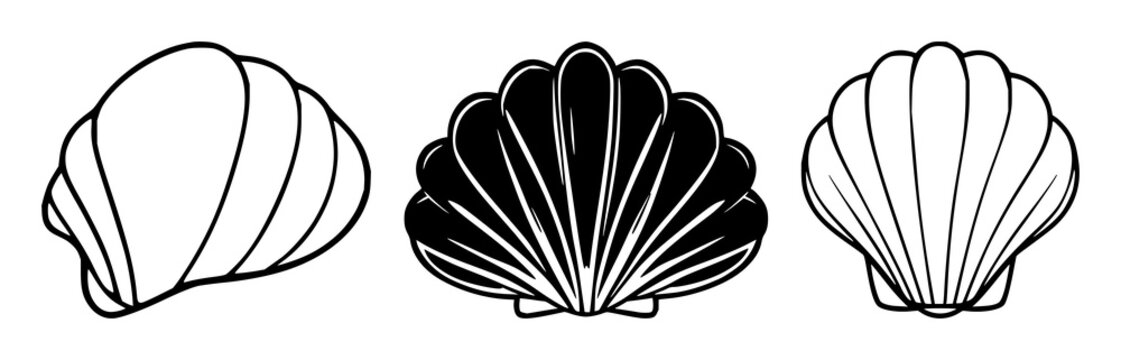 Shell icon set with simple line art design featuring a single seashell, marine life, ocean with beach and summer elements