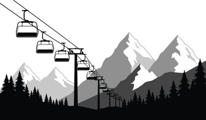 ski lift with gondolas and mountain range black and white silhouette illustration on a gradient background high quality professional detailed modern elegant stylish clean © ARSM D