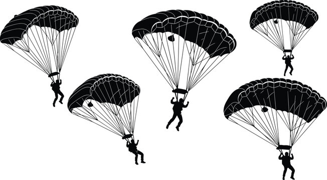 Professional Parachutist Silhouette Set Featuring Detailed Skydivers in Controlled Descent for Extreme Sports, Adventure Travel, and Military Lifestyle Graphic DesignsProfessional Parachutist Silhouet