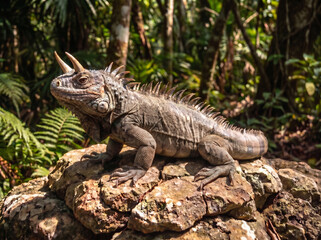 Fototapeta premium Large horned iguana basking on a rock in a dense jungle environment with natural sunlight