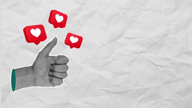 Halftone collage style illustration of a hand showing a thumbs up with a love emoticon,