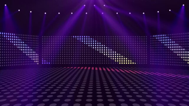 紫のスポットライトとLEDドットマトリクスがきらめく3Dライブステージ背景動画