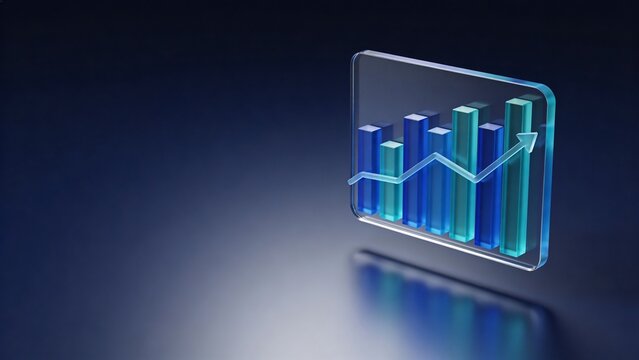 A graph with bars and lines is displayed on a screen with a reflection on a dark surface