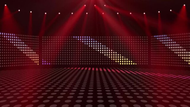赤いスポットライトとLEDドットマトリクスがきらめく3Dライブステージ背景動画