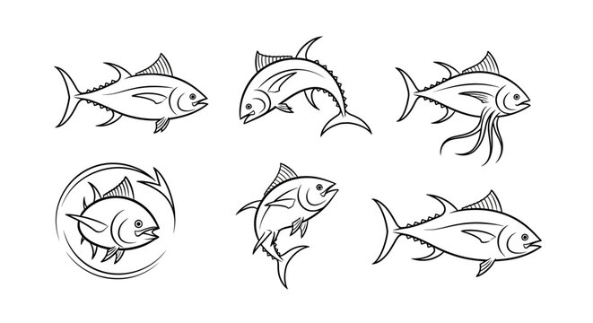 Set of tuna fish hand-drawn sketches, black line art on white